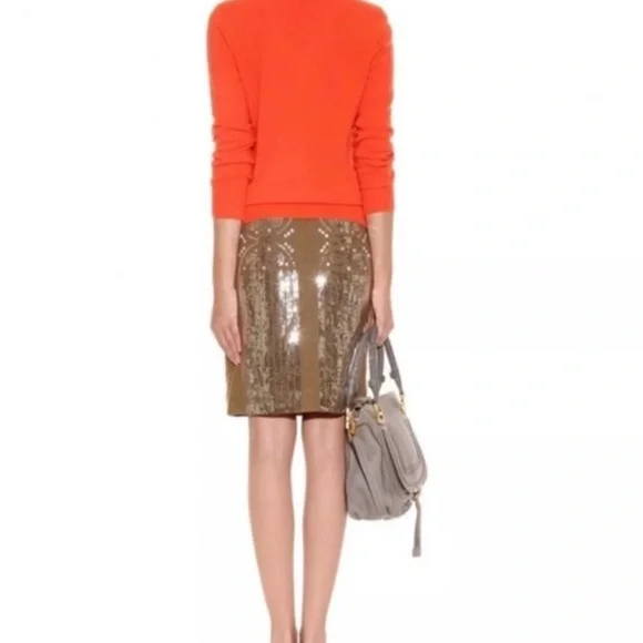 Tory Burch Tan Silver Sequin Pencil Skirt Size 10 - Picture 10 of 13